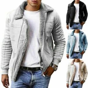 Men's Fleece Fur Lined Jacket Casual Warm Long Sleeve Coat Zip Up Outwear Winter - Picture 1 of 11