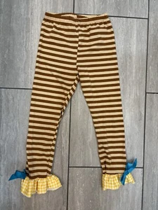 NWOT Ruffle Girl Brown Striped Pants Yellow Ruffle Teal Bow Detail Sz 8, Cute! - Picture 1 of 11