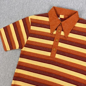 Vintage 70s Polo Shirt Mens M Striped Short Sleeve Disco Collar Brown Ochre Yel - Bild 1 von 9