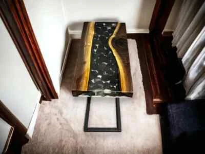 C Side/End table Wood Epoxy Resin River Rustic Live Edge Unique custom table Top - Image 1 of 4