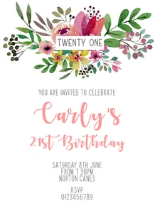 Floral, Beautiful Ladies Birthday Invitation Personalised all ages Pink purple