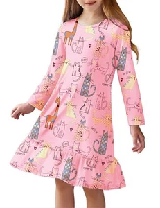 Girls' Sleepwear Long Sleeve Cute Nightgown Nightie Pajama Dress Pink Cat 4-5T - Picture 1 of 6