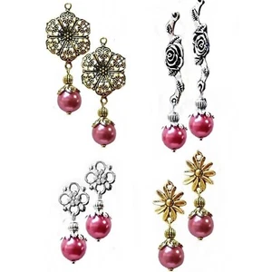 Earrings, watermelon pink pearl drop, STYLE CHOICE, clip on or pierced - Picture 1 of 7