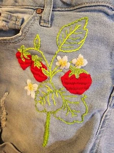 OOAK Hand Embroidered Strawberry Embroidered Denim Shorts - Picture 1 of 7