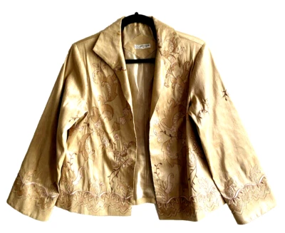 Lovely Embroidered Gold Silk Open Front Jacket GRACE CHUANG NY Size 8 Women Foto 1 de 4