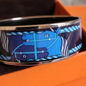 HERMÈS Blue Wide Quadrige Design Enamel Bracelet Palladium Size 65 - Picture 1 of 6