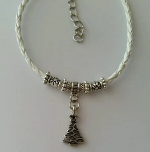 Brazalete de cuero blanco unisex colgante árbol de Navidad joyería de plata - Imagen 1 de 4