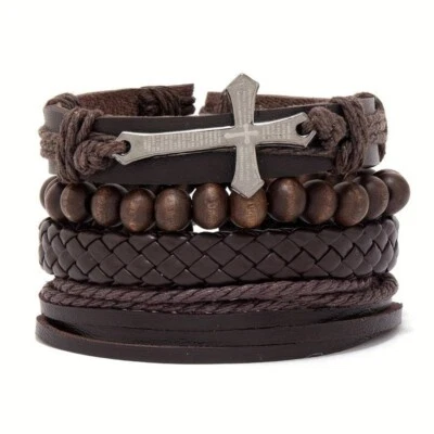 4pcs Set Mens Brown Beaded PU Leather Cross Christian Wristband Bangle Bracelet - Image 1 of 4