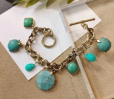 Designer MONET Turquoise and Acrylic Dangle Bead Toggle Chain Link Bracelet! - Image 1 of 4