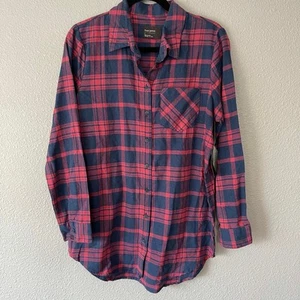 Free Press Plaid Flannel Red Navy Button Front New Long Sleeve Womens Shirt Sml - Picture 1 of 9