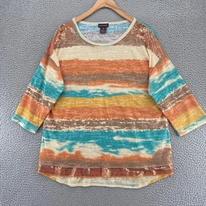 Multiples Top Damen klein braun bunt gestreift Pailletten 3/4 Ärmel Noppen Stretch - Bild 1 von 11