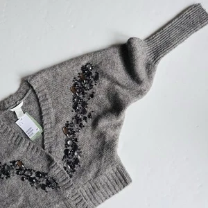 H&M Conscious Wool Alpaca Blend Cardigan Dark Grey Melange Beads Gem Size Small - Picture 1 of 14