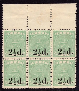 Fiji 50 Fresh upper block of 6, 2 1/2p on 2p 1891-92 QV issue, stamps NH CV $315 - Picture 1 of 2