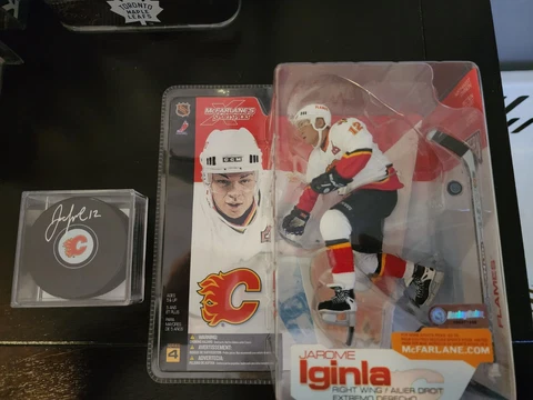 Jarome Iginla McFarlane with Autographed Puck COA and Hologram Flames Cover
