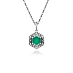 Plata de Ley Art Déco Estilo Hexágono Calcedonia Y Marcasita Collar con Colgante - Imagen 1 de 1