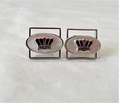 Silver-tone Cut Out Cufflinks Oval MOP & Black Enamel Crown - Image 1 of 4