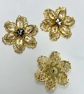 3 Pc Swarovski Crystal Filigree Buttons Cluster Findings 24mm Round Gold Overlay - Image 1 of 2