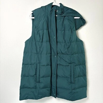 J Jill Down Filled Puffer Vest Size L Green Pockets Hooded Zip Outdoors Gorpcore - Image 1 of 4