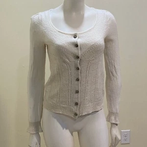 Knitted & Knotted Anthro Cardigan Women's L Ivory Metallic Button Bell Sleeve - Picture 1 of 12