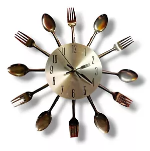 RETRO SILVERWARE Cutlery SPOON & FORK KITCHEN QUARTZ WALL CLOCK Black Numbers. - Picture 1 of 12