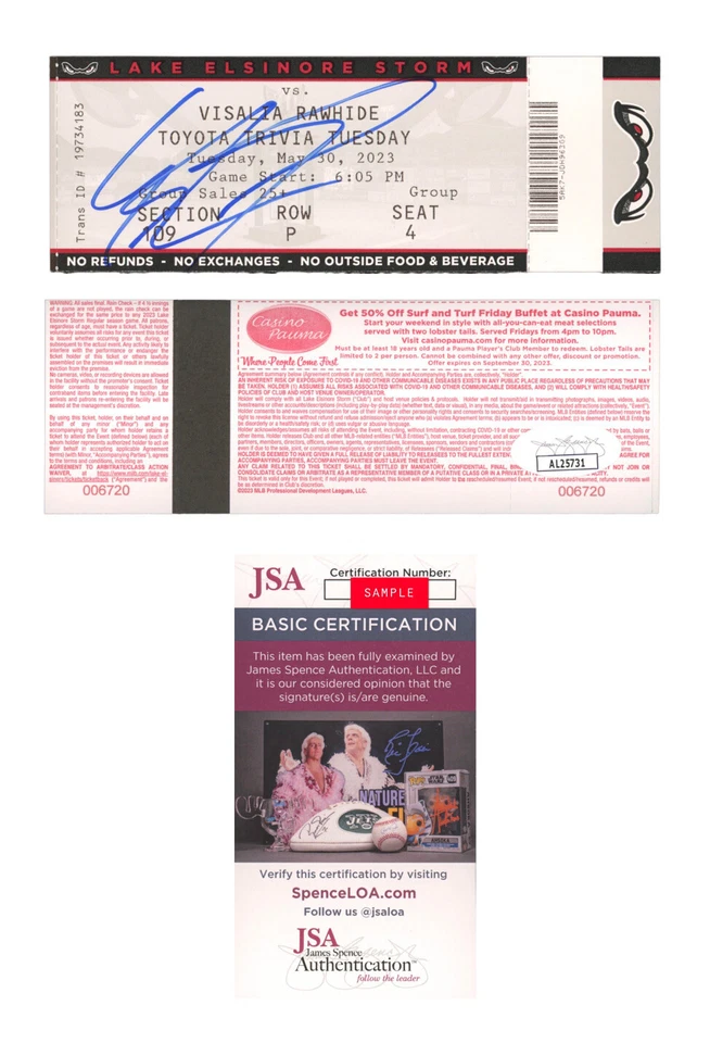 Ethan Salas Signed Auto Pro Debut Full Ticket Stub 5/30/2023 Padres JSA Coa - Image 1 of 1