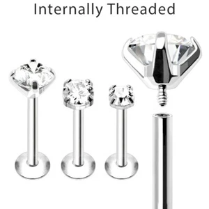 18G 1/4" 5/16" 3/8" Steel Internally Threaded Round Gem Prong Set Tragus Labret - Picture 1 of 3