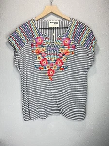 Savanna Jane Striped Embroidered Floral Boho Top Size Small - Picture 1 of 6