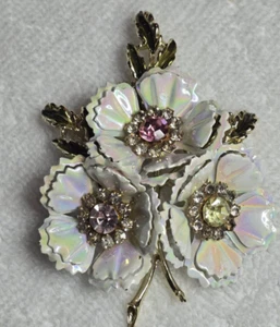 Vintage CORO Large Floral Brooch with White Yellow and Pink Rhinestones 3.25" - Picture 1 of 9