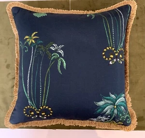 Emma Shipley 16” Fringed Cushion. Jungle Palms Navy. Emerald Green Velvet Back - Picture 1 of 2