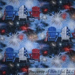 BonEful Fabric FQ Cotton Quilt Blue Red White Fireworks Cloud Sky Water American - Picture 1 of 14