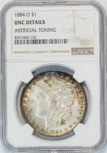 1884 O Morgan Silver Dollar Rainbow Toning UNC DETAILS NGC US COIN - Picture 1 of 7