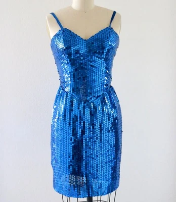 Vestido Alyce Designs Vintage Años 80 Para Mujer Azul Lentejuelas Deshuesadas EE. UU. Talla XS Baile de graduación Foto 1 de 4