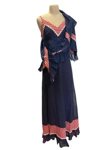 Vintage Handmade Tres Mariposas El Paso Blue Red Polka Dot Gingham Maxi Dress Sh - Picture 1 of 14