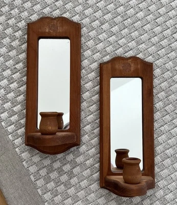 Vintage Pair of Mirrored Wood Wall Sconce Candle Holder Country Chic Farmhouse - Image 1 of 4