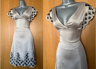 Karen Millen UK 14 Taupe Silky Satin Embroidered Kimono Sleeve Fit Flare Dress - Image 1 of 4