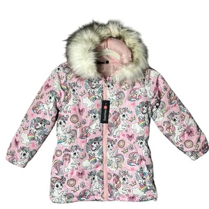 DooHier Puffer Coat Girls 7Y Pink Unicorn Coat Cotton Faux Fur Hood Winter NEW - Picture 1 of 13