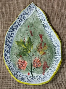 Signed Art Pottery Leaf Dish Platter Earthenware Unique Eclectic Botanical - Picture 1 of 6