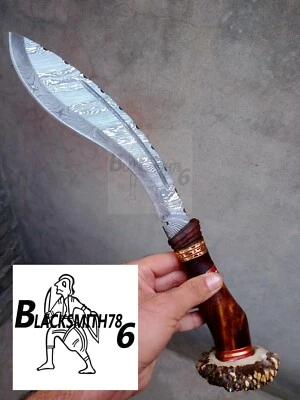 Damascus Steel Custom Handmade Hunting Kukri Gurkha Knife 16" Antler Handle - Image 1 of 4
