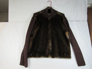 Parkhurst Faux Fur Front Sweater Jacket Collar Full Zipper Size M Brown - Picture 1 of 9