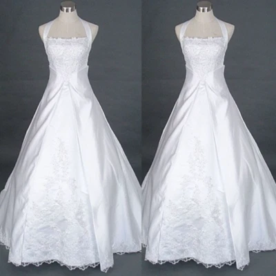 Vestidos de novia vintage de satén con apliques de encaje blanco marfil Foto 1 de 4