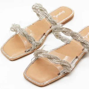 NEW Double Clear Strap Twisted Sparkly Bling Rhinestone Slip On Slides Sandals - Picture 1 of 14