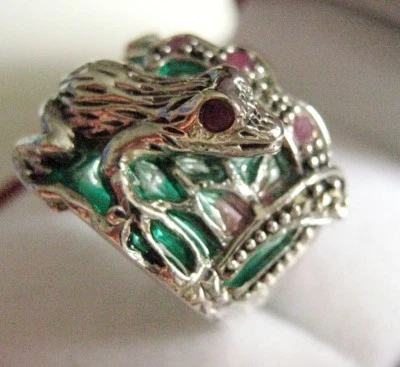 Art Nouveau Marcasite Ruby Frog Cocktail Ring Sterling Silver Plique a Jour M ½ - Image 1 of 4