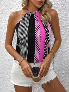 Stylish Vintage Halter Top with Color Block Geo Print for Women - Picture 1 of 5