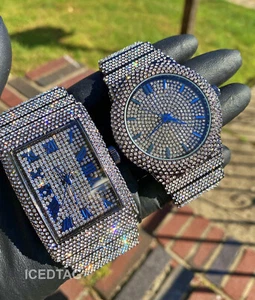 Crystal Ice Flooded Luxury Jet Black Lab Simulated Bling Out Heavy Round Watch - Picture 1 of 5