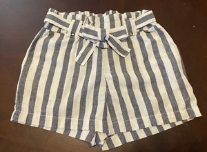 Ci Sono Linen Collection High-rise Belted Shorts Women Size M Navy White Stripe - Picture 1 of 10