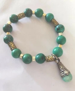 Vtg. Coin Silver Byzantine Turquoise Beads and Larimar Cabochon Charm Bracelet  - Picture 1 of 7