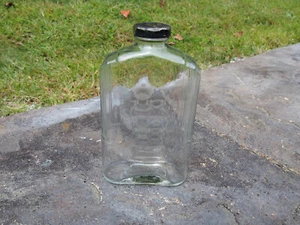 Vintage Art Deco Clear Green Tint Ribbed Glass Bottle with Metal Lid - Picture 1 of 9