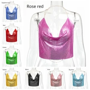 Women Sequin Crop Tank Tops Cami Sparkly Glitter Deep V Neck Backless Sexy - Picture 1 of 26