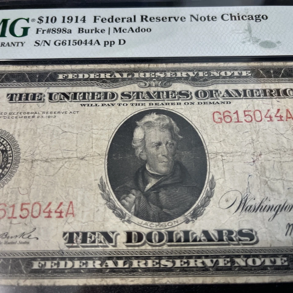 1914 $10 Federal Reserve Note  Chicago Red Seal Note FR 898a PMG 20 - Image 1 of 4