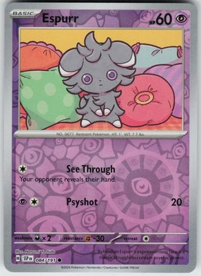 Pokemon Espurr 084/191 SV08: Surging Sparks NM Reverse Holo card - Image 1 of 2